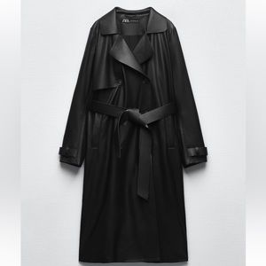 New Zara Black Faux Leather Belted Trench Long Coat XS S